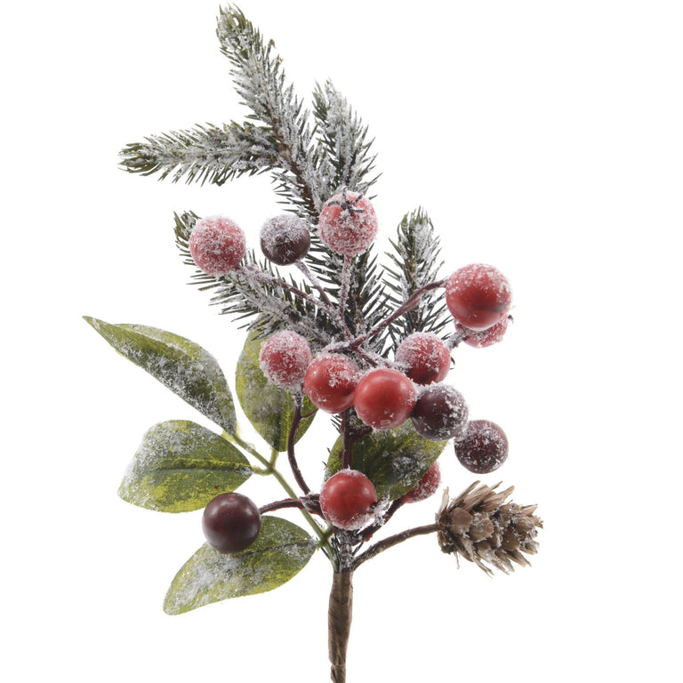 Christmas Pick Frosted Red Berries & Pinecones