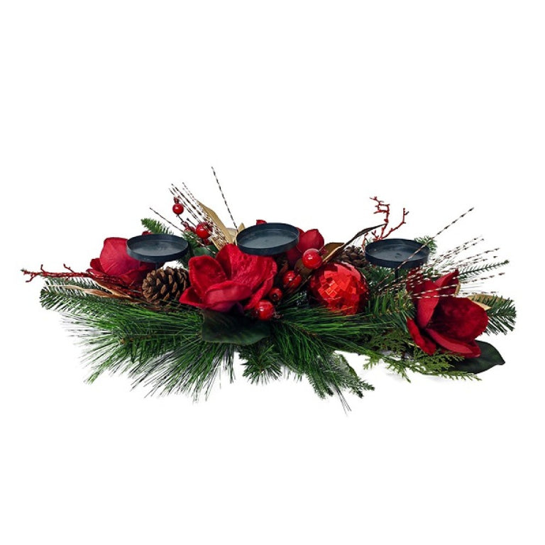 LED Christmas Pillar Candle Holder Centrepiece – Deep Red Flowers & Baubles