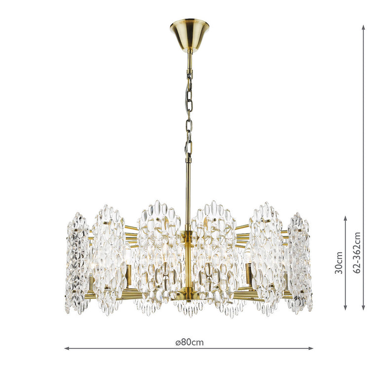 Porthos 15 Light Pendant Antique Brass Ceiling Light with Textured Glass Shade Hanging Chandelier