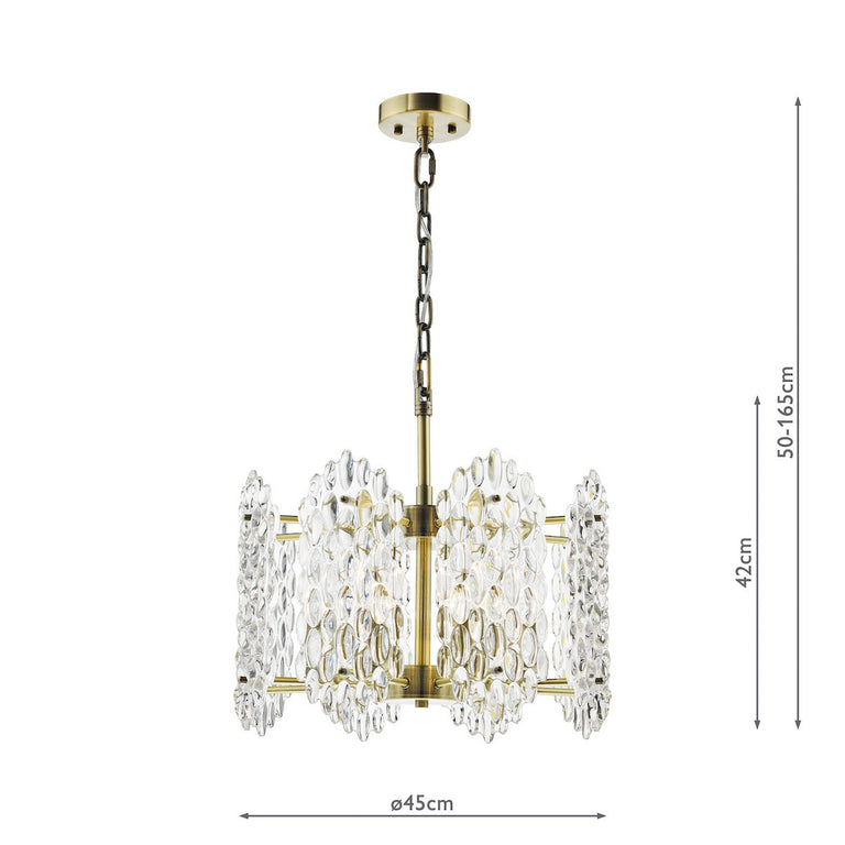Porthos 8 Light Pendant Ceiling Light Antique Brass with Textured Glass Shade Hanging Ceiling Light