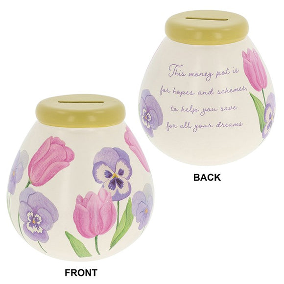 Handcrafted Pot of Dreams money jar with colorful pansies