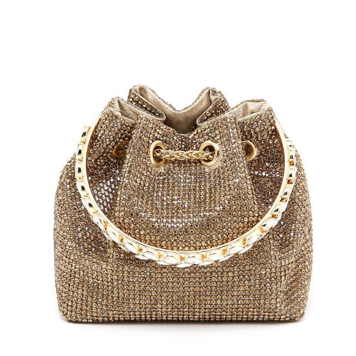 Crystal Pouch Handbag with Jewelled Handle in Gold Foy and Company