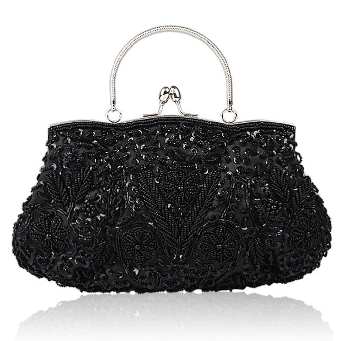 Vintage Beaded Clutch Bag with Handle in Black