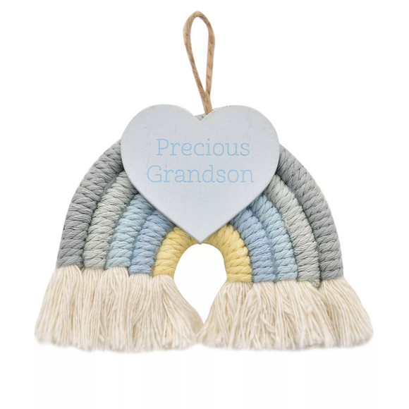 Macrame Rainbow Hanger Precious Grandson in blue tones