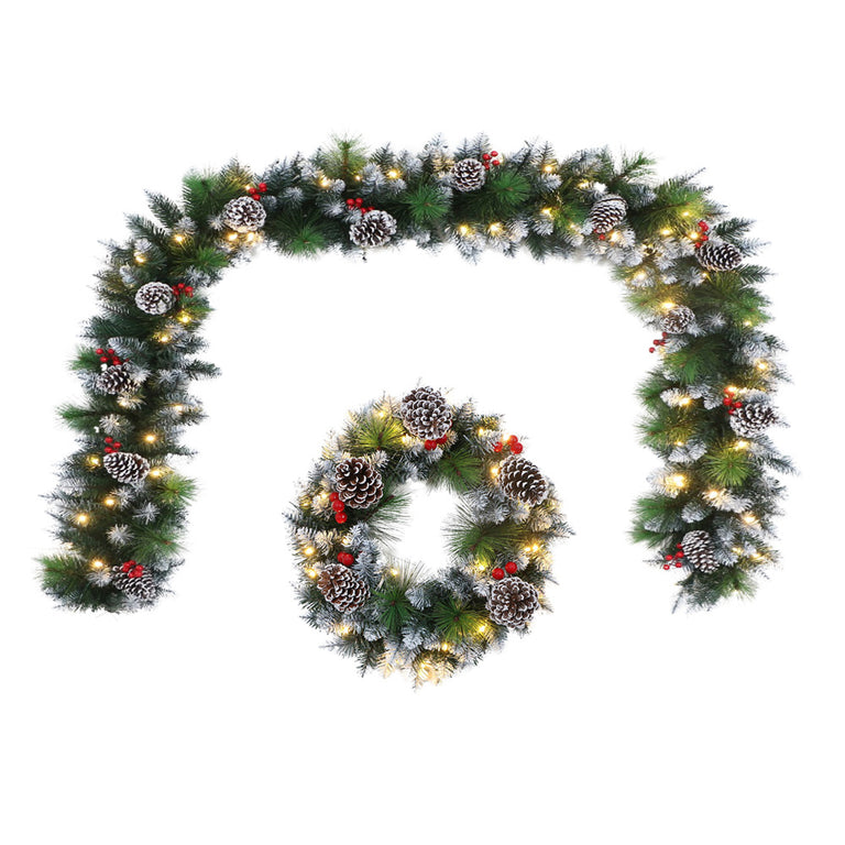 Premium White Tip Christmas Wreath & Garland Set with Timer Lights