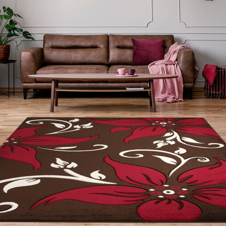 Primrose Floral Rug Choc-Red