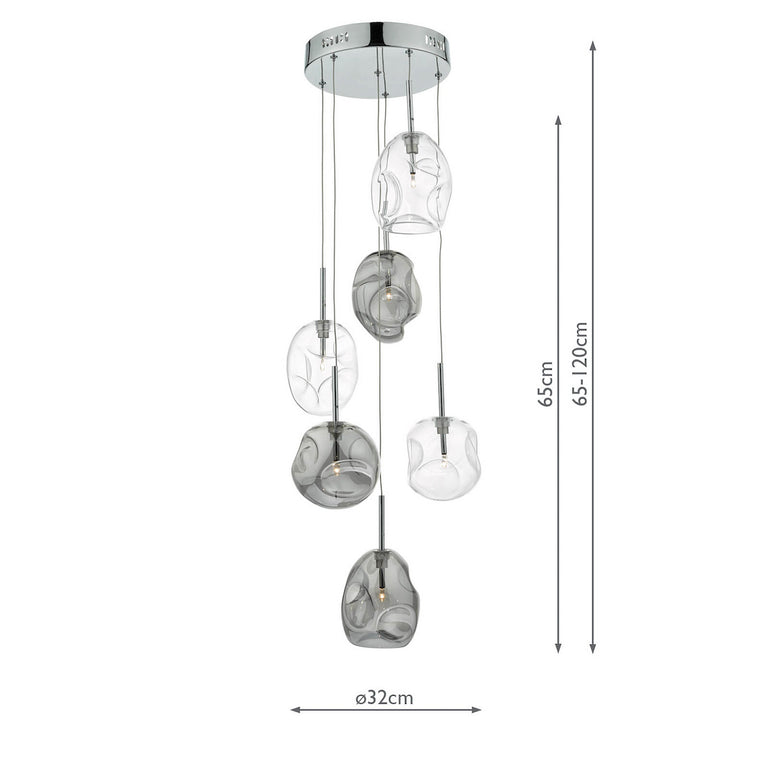 Quinn 6 Light Cluster Pendant Polished Chrome With Mouth-Blown Dimpled Glass Hanging Light