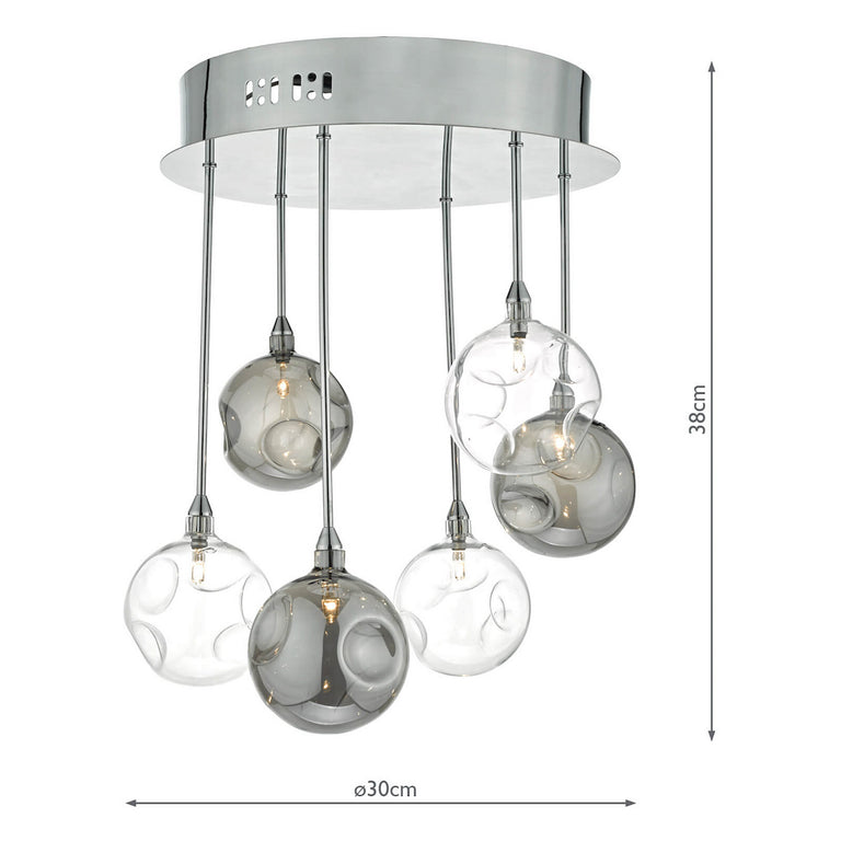 Quinn 6 Light Semi-Flush Polished Chrome Ceiling Light with Dimpled Glass Shades, Lighting Collection Fixture