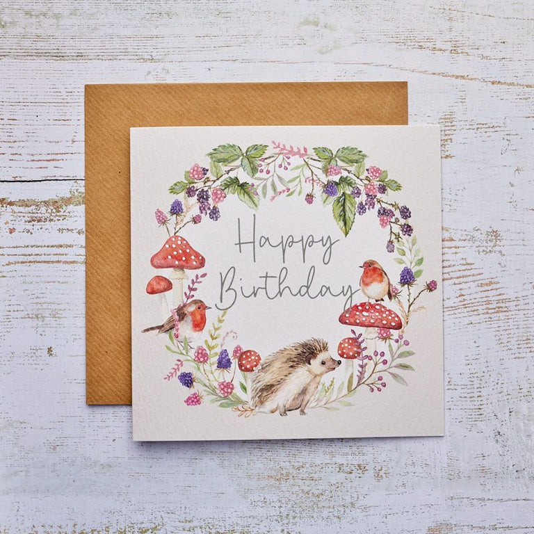 Robin Birthday Card With Hedgehog & Autumn Foliage