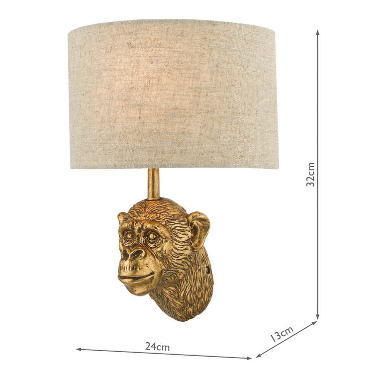 Raul Wall Light Matt Gold with Natural Linen Shade – Resin Monkey Wall Fitting Light for Home Decor