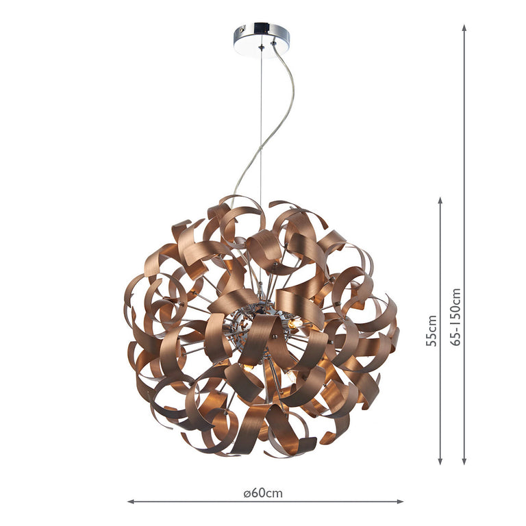Rawley 9 Light Pendant Brushed Copper Ribbon Shade & Polished Chrome Finish