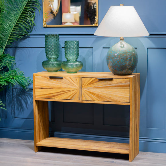 Ray 2 Drawer Console Table Ginger Teak front view life style picture