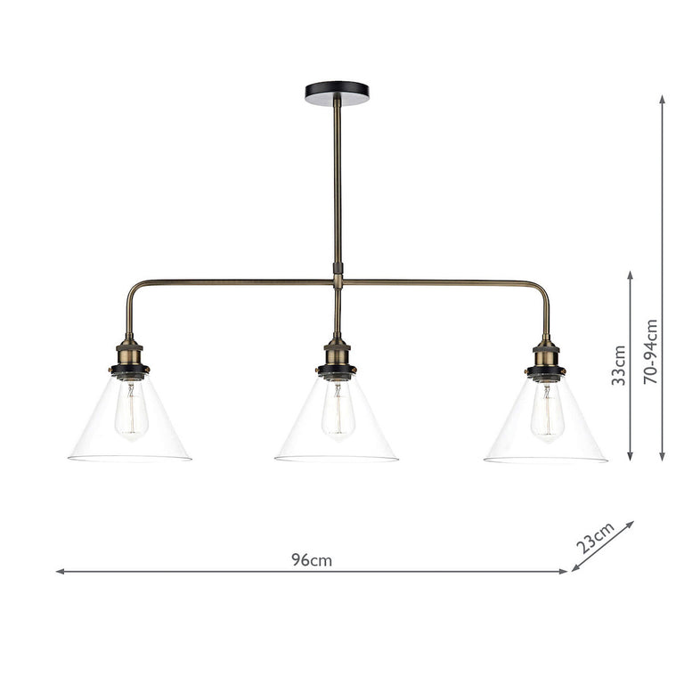 Ray 3 Light Bar Pendant Antique Brass & Black Ceiling Light with Clear Glass Shades