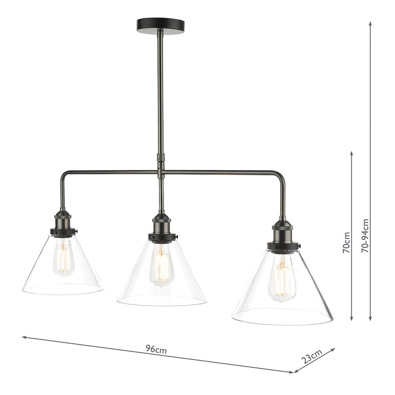 Ray 3 Light Bar Pendant Antique Nickel and Black Ceiling Light with Conical Clear Glass Shades