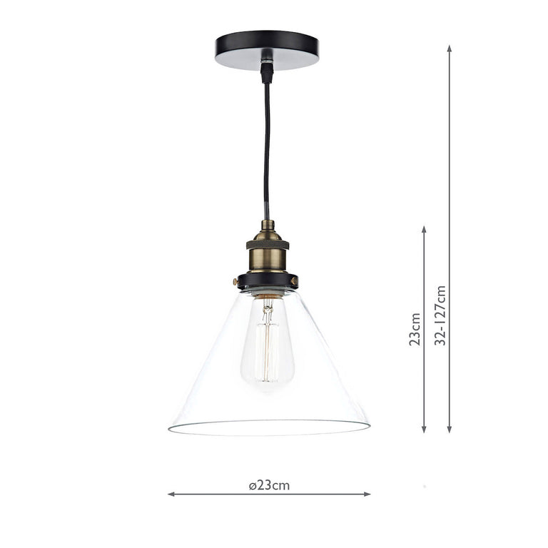 Ray Pendant Antique Brass with Conical Clear Glass Shade & Black Detail Hanging Ceiling Light