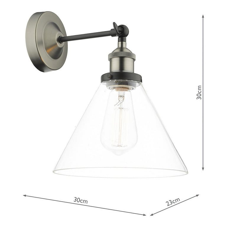 Ray Wall Light Antique Nickel Wall Fitting with Conical Clear Glass Shade