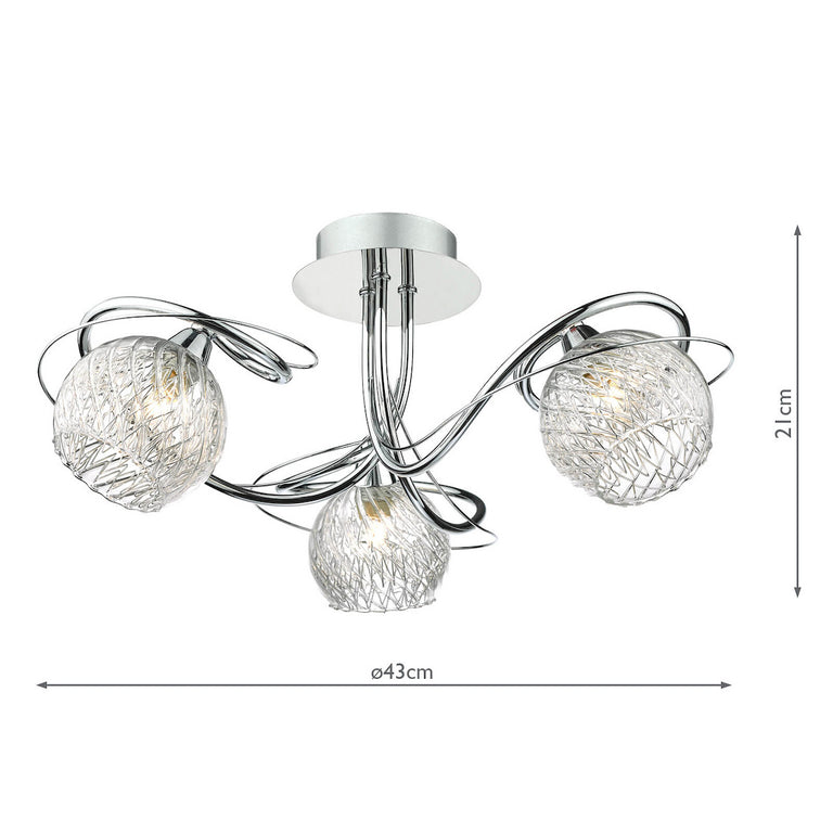Rehan 3 Light Semi-Flush Polished Chrome and Ribbed Glass