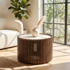 Ridges Round Coffee Table Teak with Porcelain Top lifestyle picture in the living room