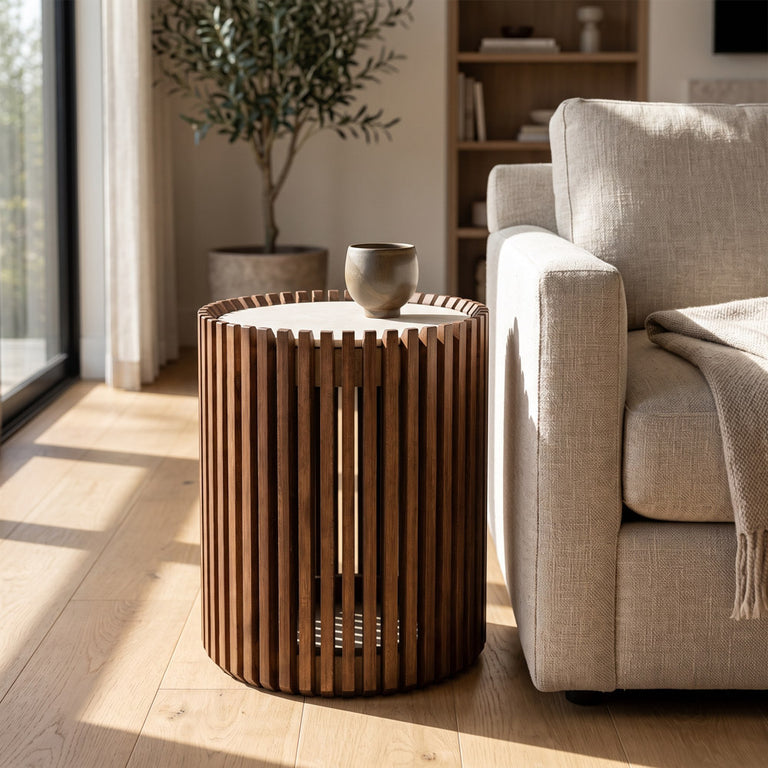 Ridges Teak Side Table with Porcelain Top