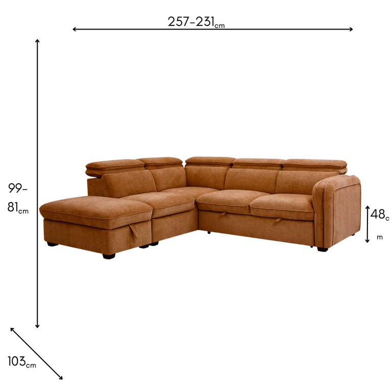 Roscoe Corner Sofa Bed LHF Rust - Modern Fabric Sofa Bed