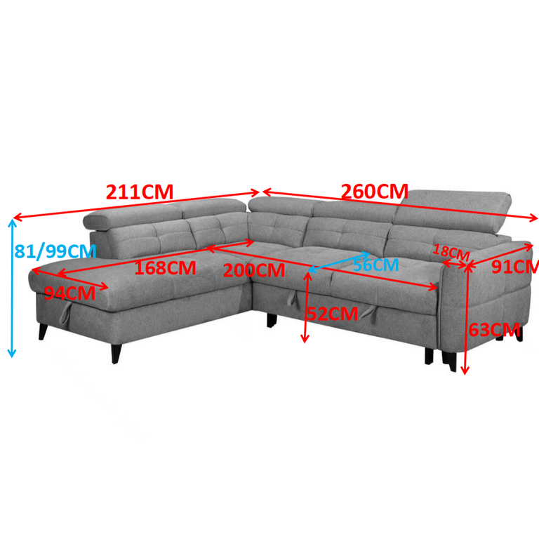 Samantha Fabric Corner Sofabed RHF Brown with Storage Space & Adjustable Headrests for Living Room