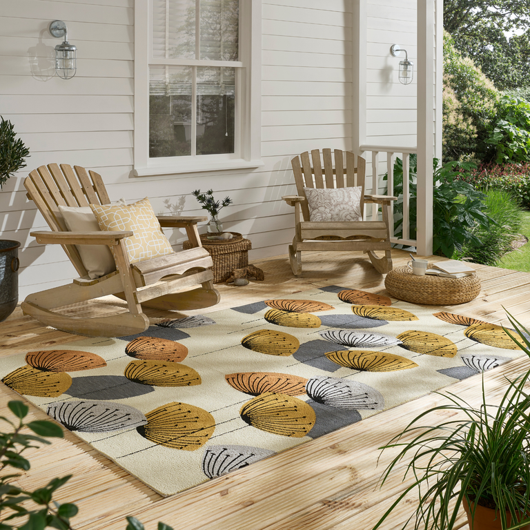 Sanderson Dandelion Clocks Outdoor Floral Rug Ochre/Silver