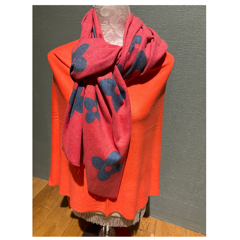Scarf Coral with Blue Flowers