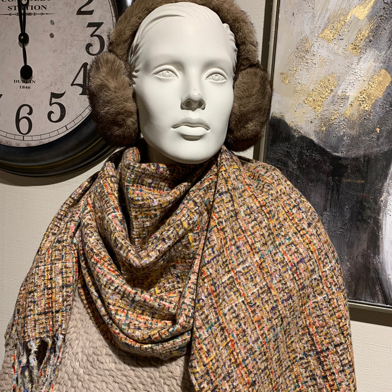 Oversized Taupe & Multicolor Scarf – Soft Winter Wrap | Gift for Her