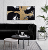 Vibrant abstract wall art in black, gold, and white – Scatterbox Skyworm.
