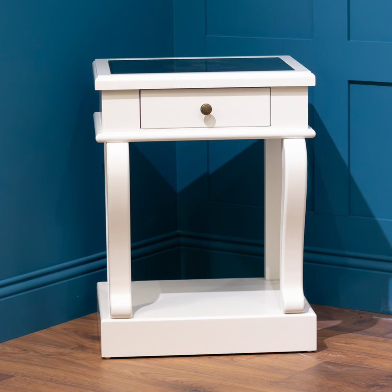 Scroll Accent End Table Ivory with Drawer & Mirror