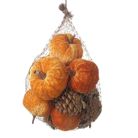 Set of pumpkins with pinecones for beautiful centrepieces.
