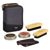 Durable polyester shoe shine kit with polishes and brushes.