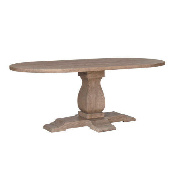 Rustic brown oval dining table for cozy gatherings.