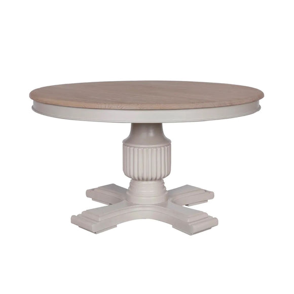 Elevate your dining with a 1.4m round table in rustic brown.