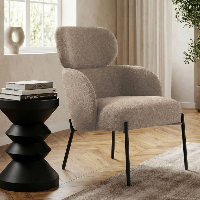 Solana Accent Chair Beige – Modern Bouclé Upholstered Occassional Chair with Black Powder-Coated Legs