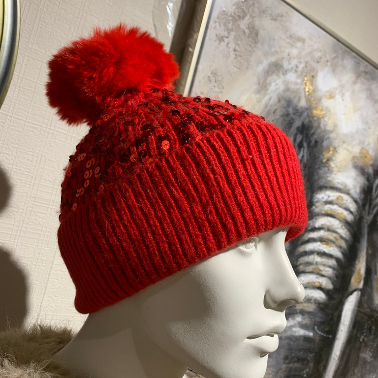 Sparkling Red Pom Pom Hat – Knitted Warm Hats for Women