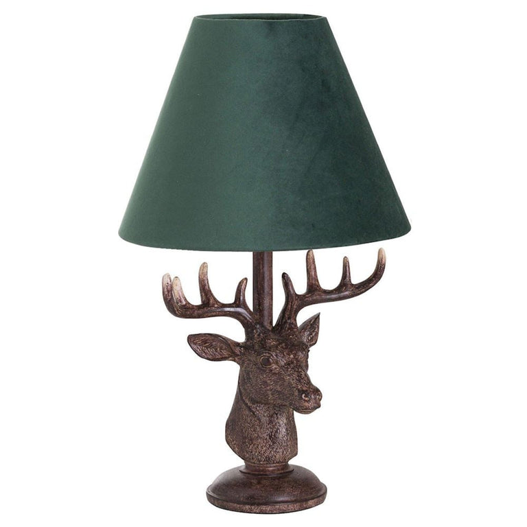 Stag Head Table Lamp with Green Velvet Shade