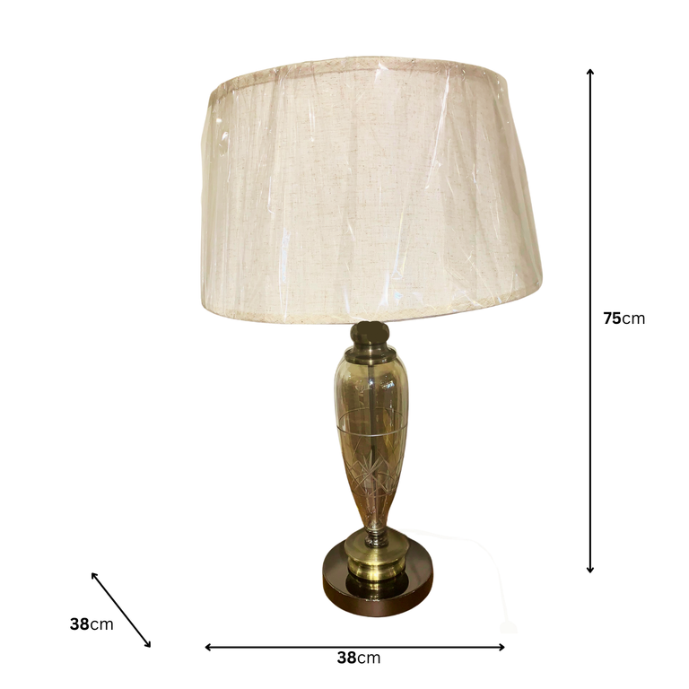 Table Lamp Metal & Glass Amber Glass Body and Natural Cotton Shade, Antique Brass Finish, Modern Classic Lighting