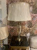 Table Lamp Metal & Glass Amber Glass Body and Natural Cotton Shade, Antique Brass Finish, Modern Classic Lighting