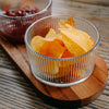 Tala 3 Ribbed Glass Pinch Pots with Acacia Tray filled with dried fruit