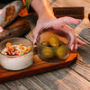 Tala 3 Ribbed Glass Pinch Pots with Acacia Tray with olives and dips