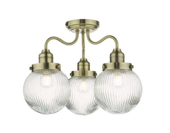 Antique brass semi flush ceiling light with ribbed glass shades - Tamara Brass Semi Flush