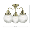 Three ribbed glass shades on antique brass semi flush ceiling light - Tamara Brass Semi Flush