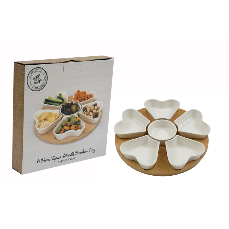 Tapas 6 Pieces Set With Bamboo Tray - Stylish Wooden Tray with Bowls
