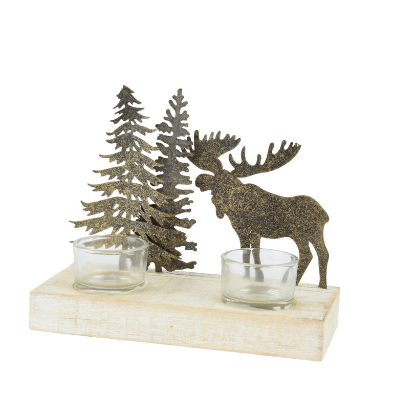Rustic Christmas Tealight Holder – Iron Moose & Tree