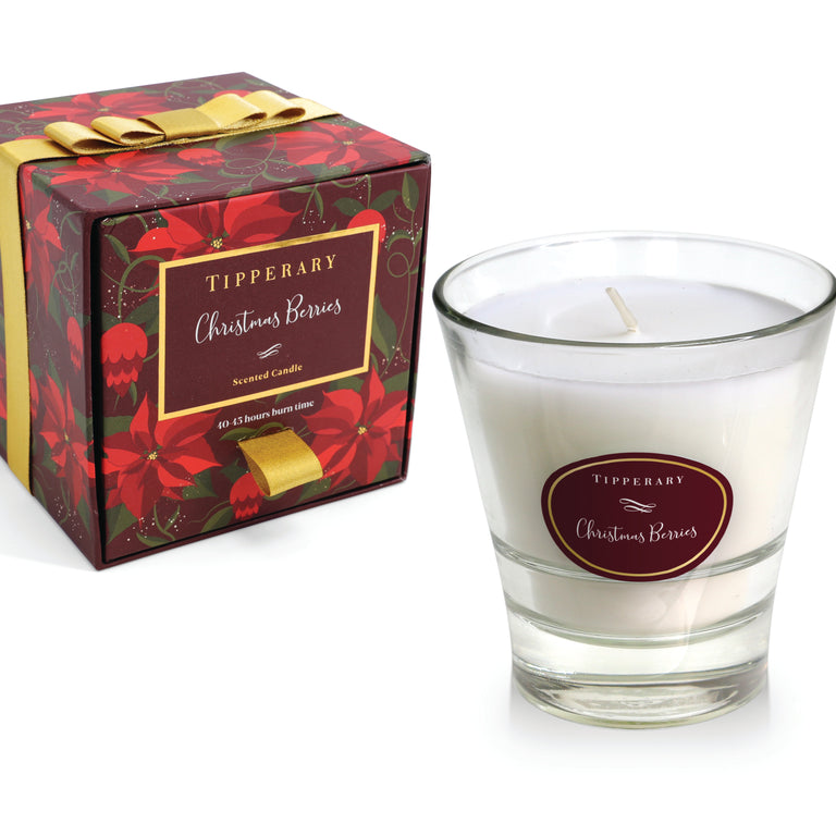 Tipperary Crystal Poinsettia Candle Christmas Berries