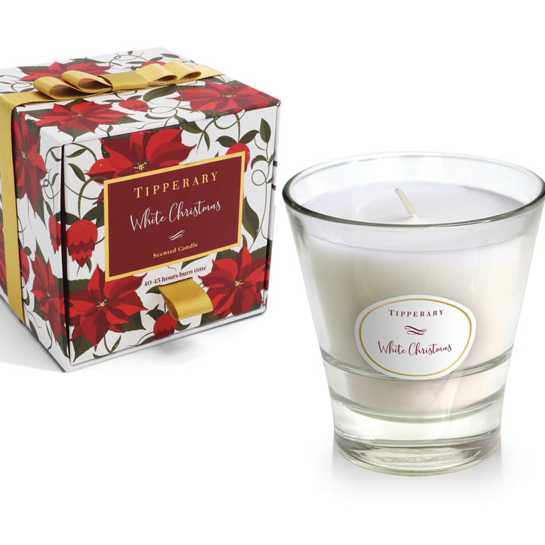 Tipperary Crystal Poinsettia Candle White Christmas