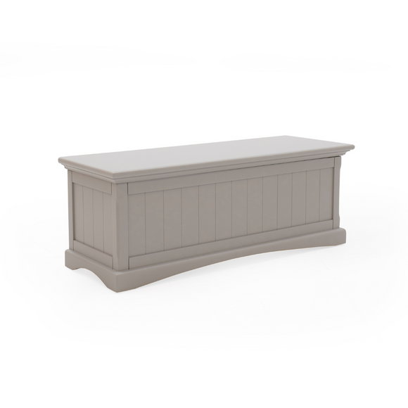 Pavilion grey wooden blanket box with decorative paneling.