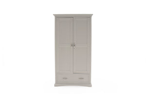 Pavilion grey wardrobe with decorative paneling and metal handles.