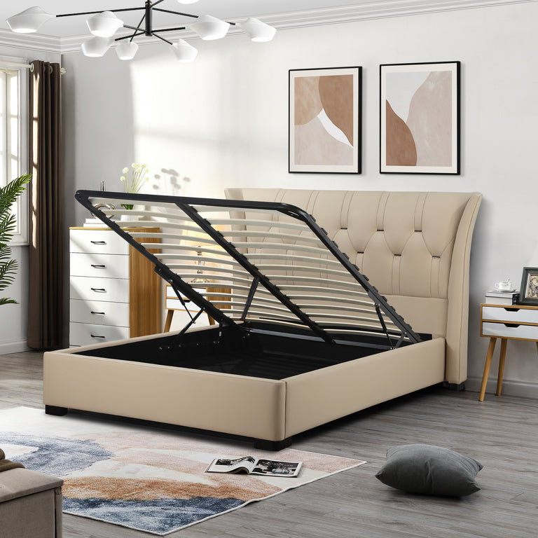 Tyrone 5ft Gas-Lift King Size Ottoman Bed Frame – Beige Leather